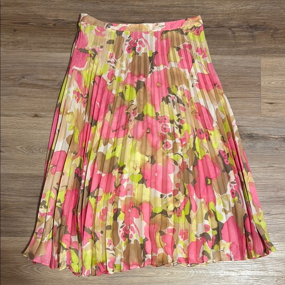 Ann Taylor LOFT Neon Pink Yellow Floral Pleated Midi Skirt NWOT - Picture 1 of 8